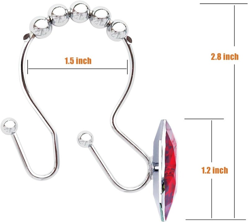Yapicoco Shower Curtain Hooks Rings for Bathroom, 12PCS Heart Stainless Steel Rust Resistant Decorative Rhinestones Shower Curtain Rings Hangers for Shower Curtains (Double Hook Red) - Image 3